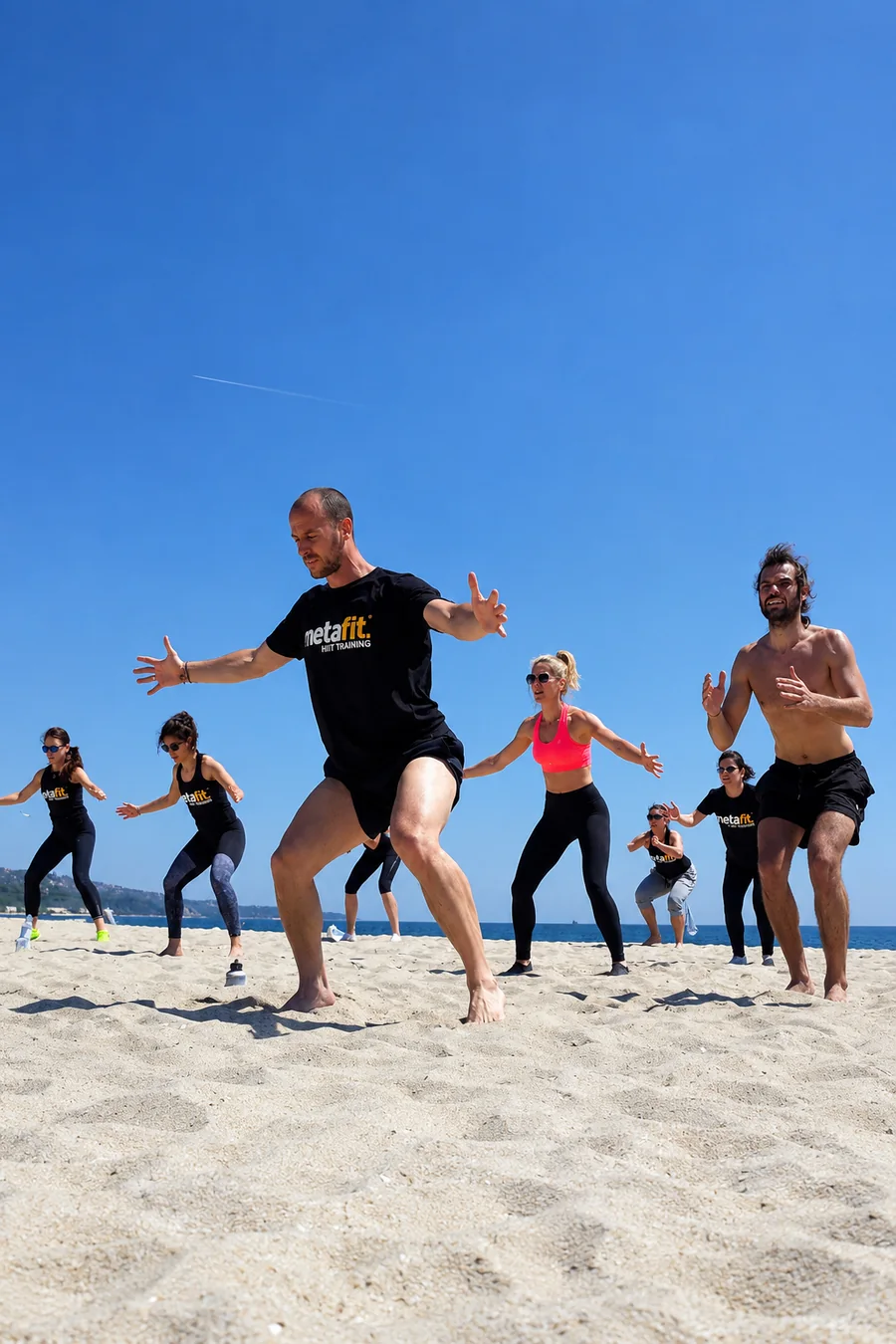 Group HIIT training session on the beach